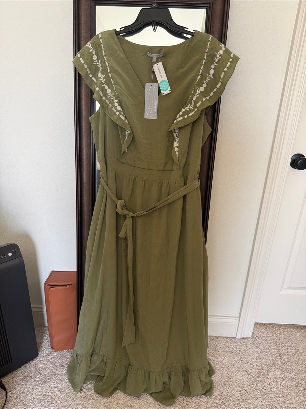 Daniel Rainn Olive Green Embroidered Ruffle Maxi Dress
